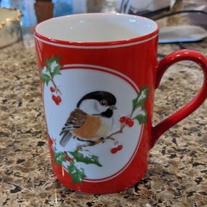 Fitz & Floyd Christmas Chickadee Mug Cup Bird 1980's Red Vintage Cottagecore
